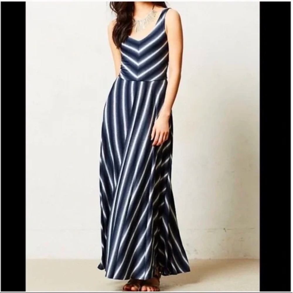 Anthropology puebla maxi dress. white and blue chevron stripe.